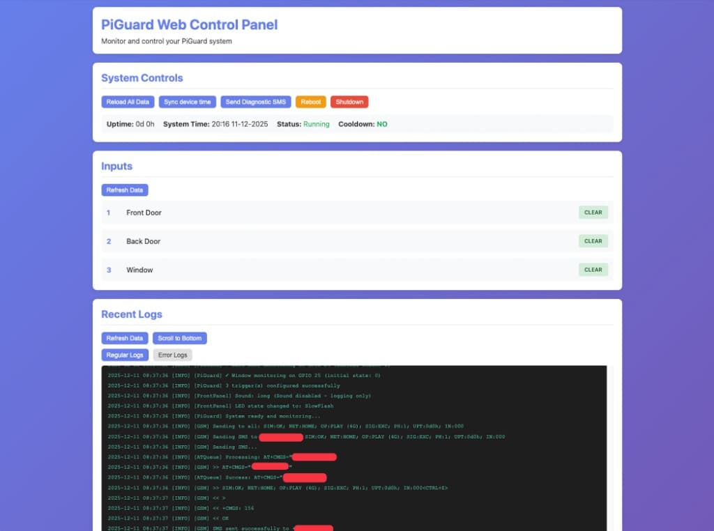 PiGuard — panel sterowania, stan wejść i logi