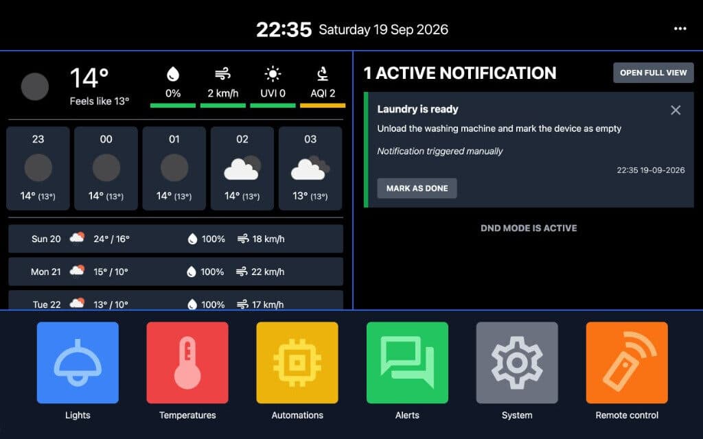 Dashboard — pogoda, aktywne powiadomienie i skróty do sekcji